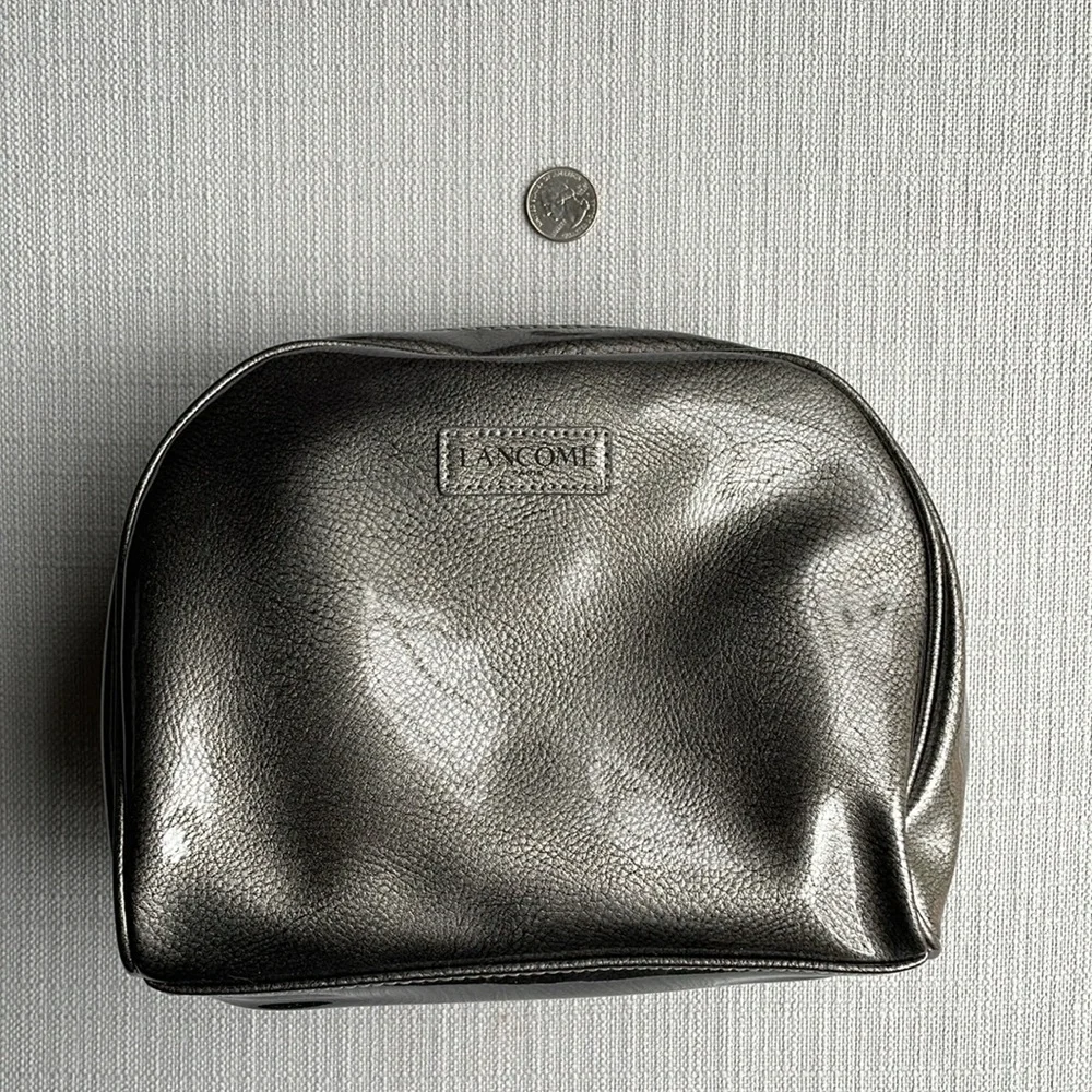 Lancome large gray silver metallic glossy cosmetics pouch